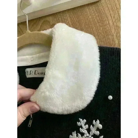 Vintage BP Design Black Beaded Christmas Snow Globe Full Zip Sweater Faux Fur M - Picture 7 of 12